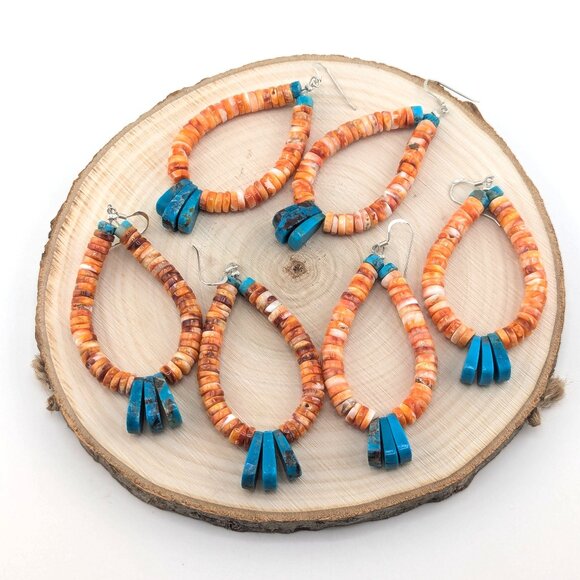 Native American Spiny Oyster Loop Dangle Earrings‎ Santo Domingo Kewa Pueblo ** - Picture 1 of 12